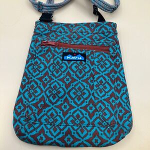 KAVU Keeper Crossbody Bag Teal Burgundy Geometric Canvas Rope Strap Pouch boho